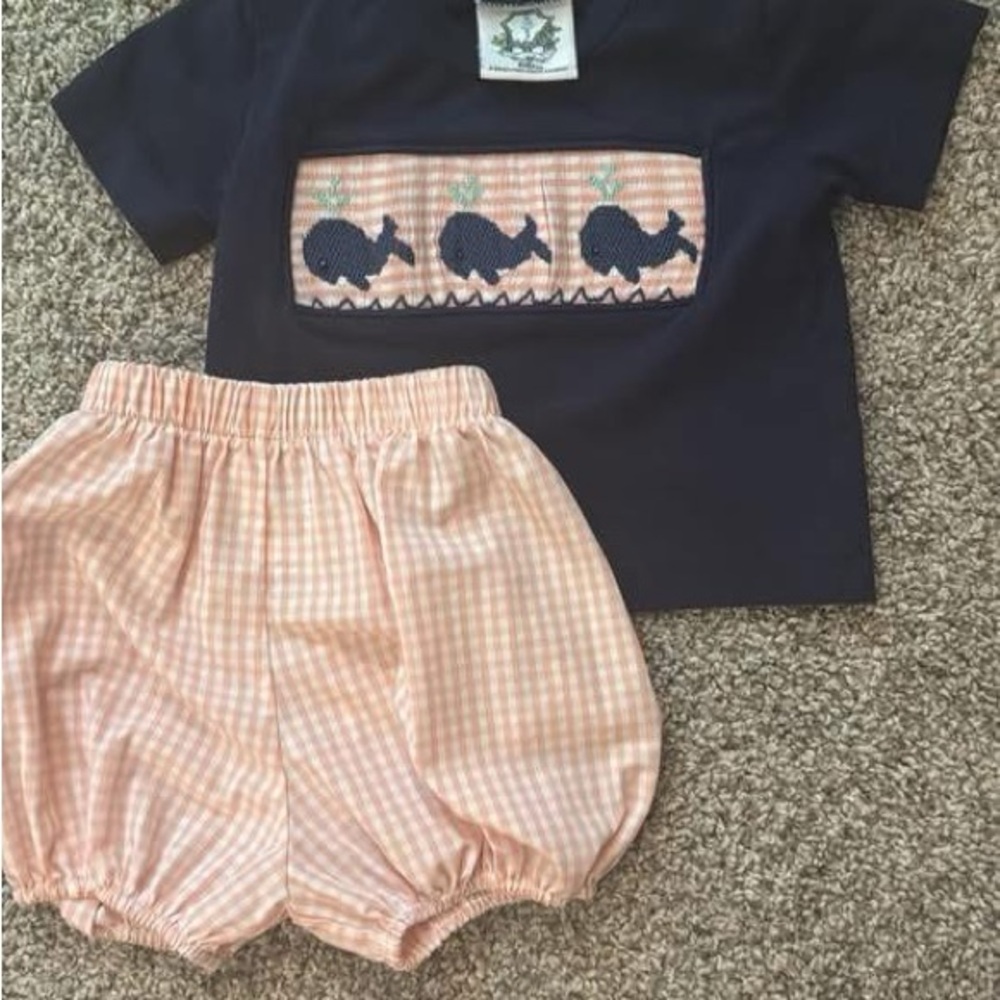 Whale Embroidered Navy and Peach Kids Set